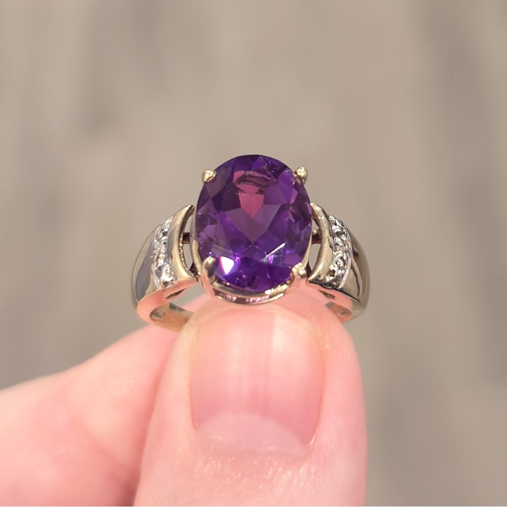 Vintage 10K Amethyst Ring: Diamond Accent Oval Solitaire Open Setting Size 6.75 - Picture 5 of 16